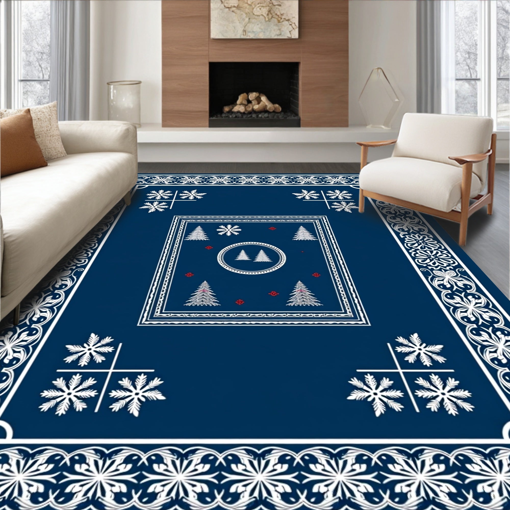 Nautical White Pine Snowflake Border Rug