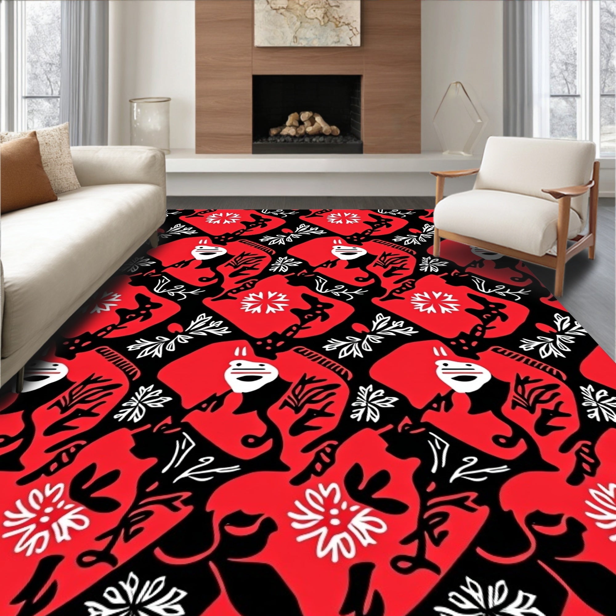 Bold Red Black Abstract Faces Rug