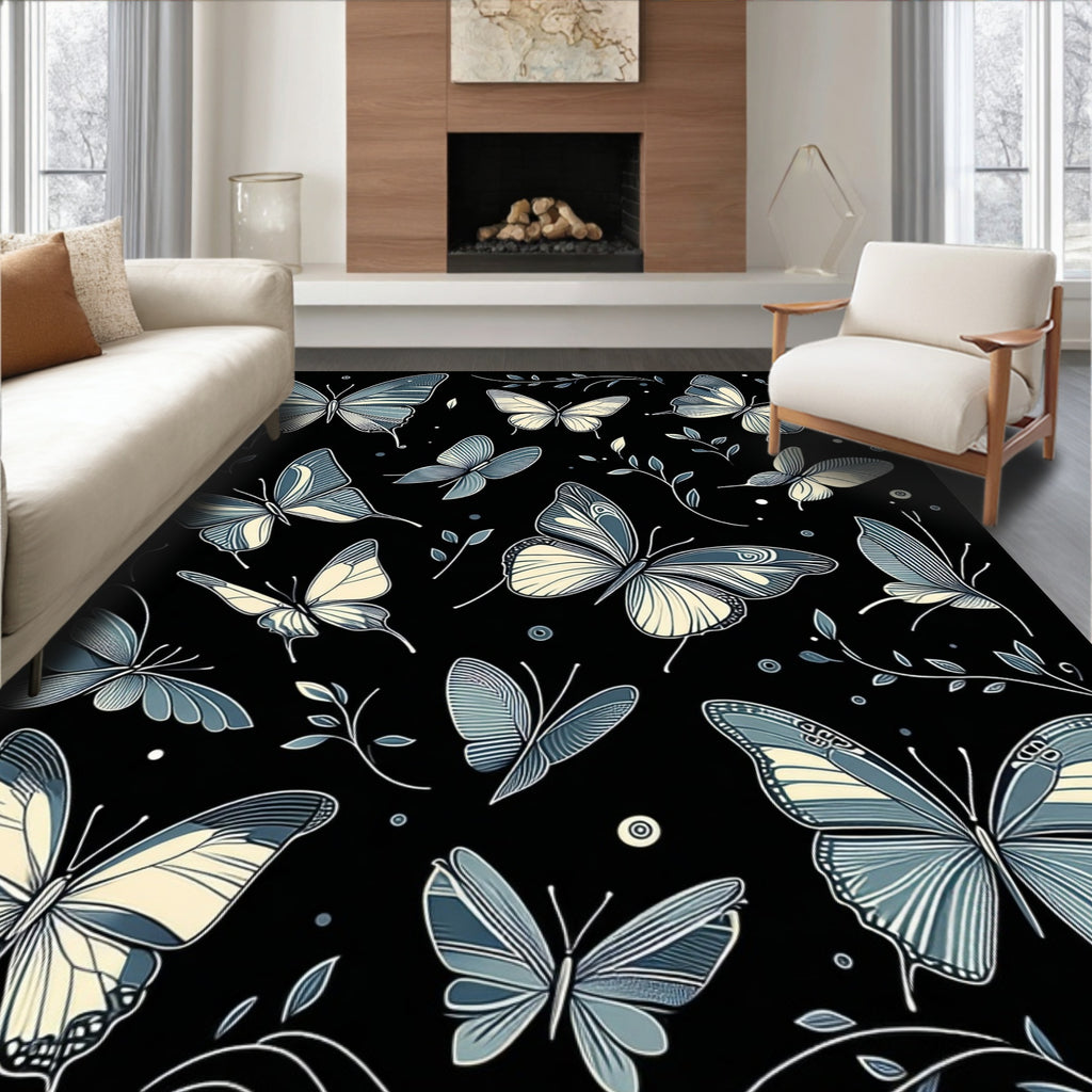 Elegant Blue Butterfly Pattern Rug