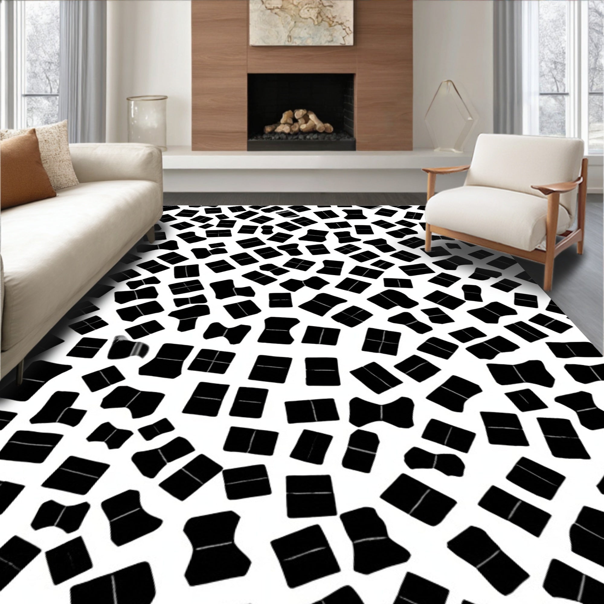 Abstract Black White Distorted Squares Rug