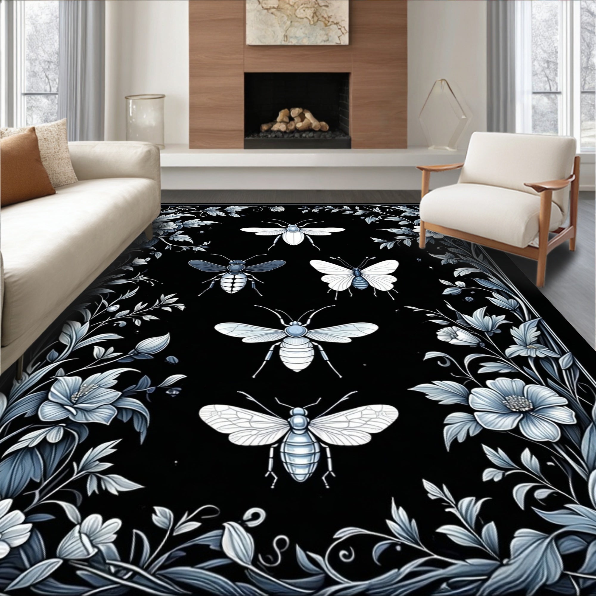 Elegant Insect Floral Botanical Design Rug