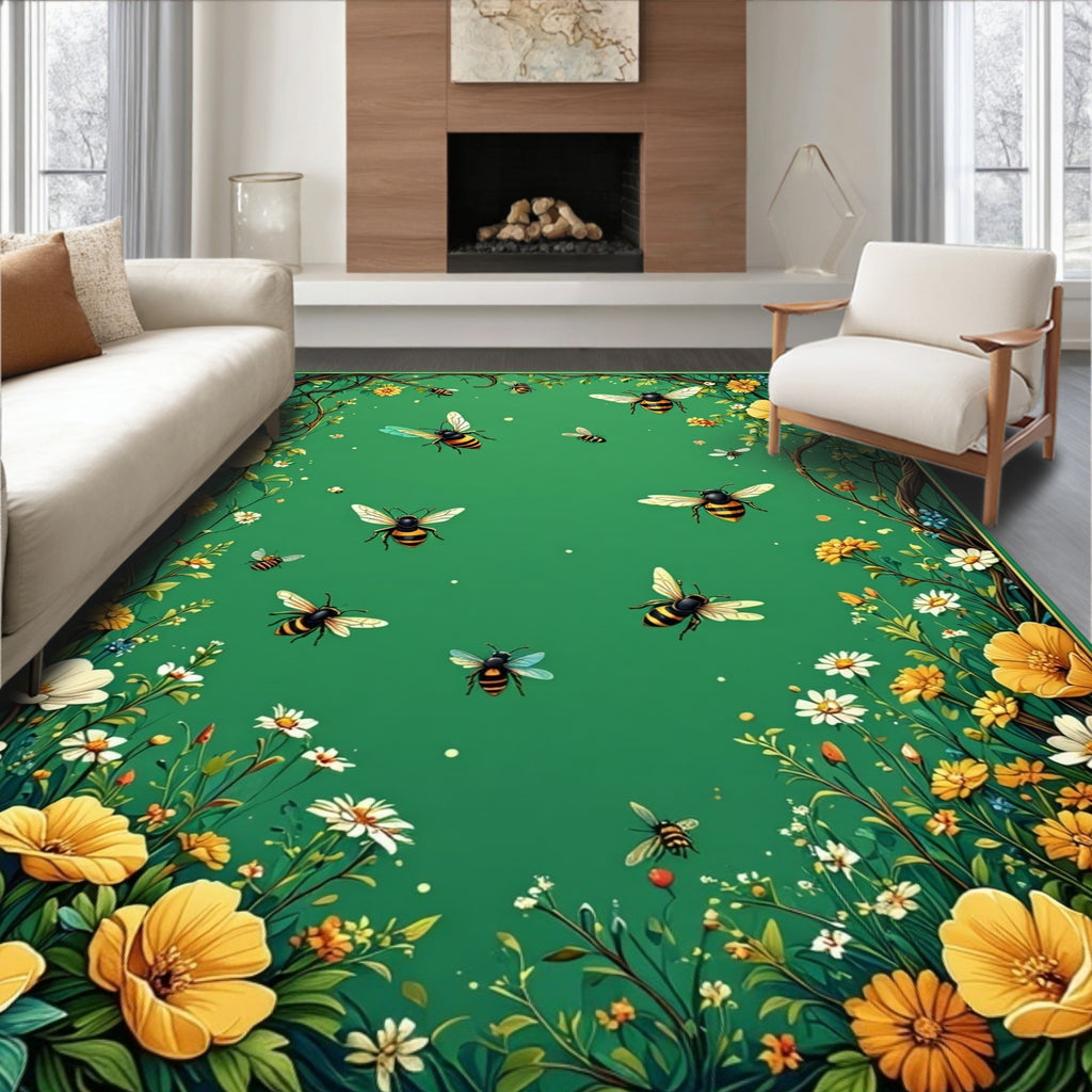Whimsical Bees and Flowers Pattern Rug