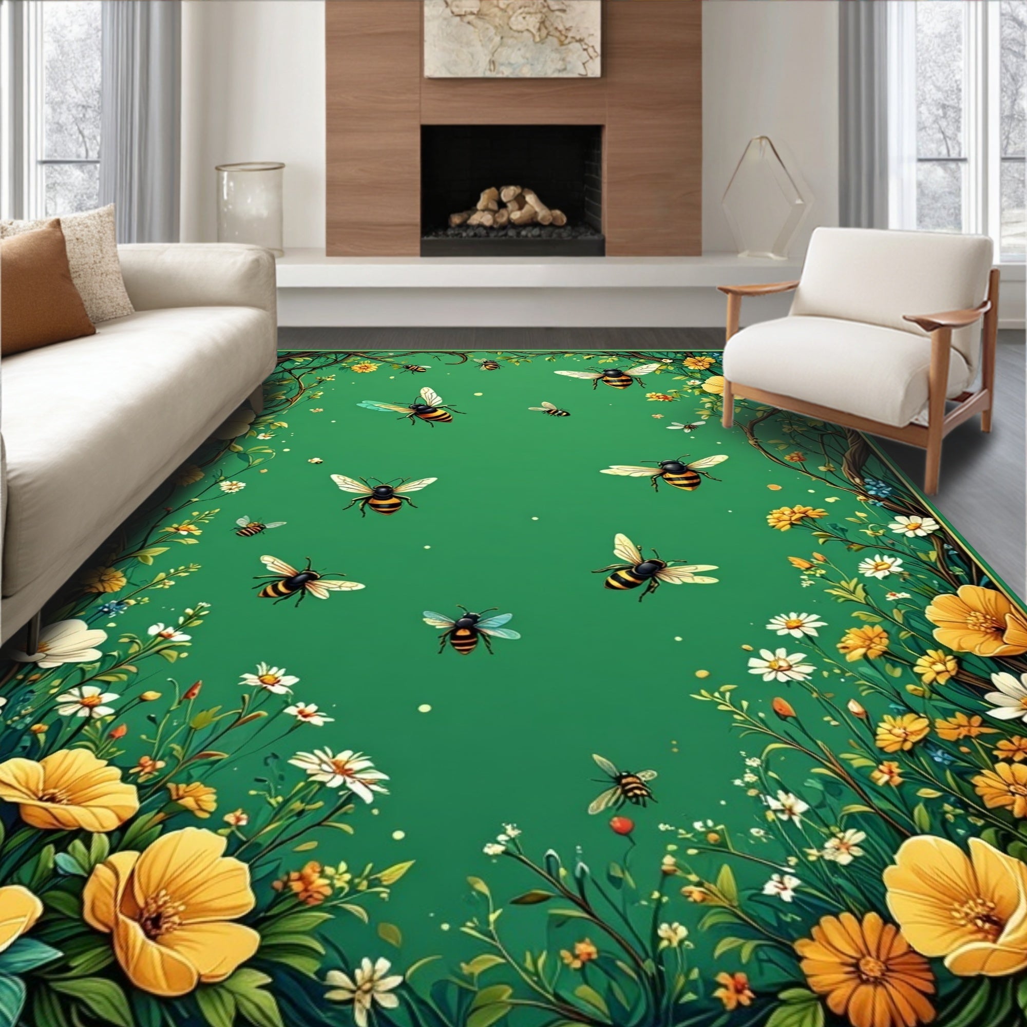 Whimsical Bees and Flowers Pattern Rug