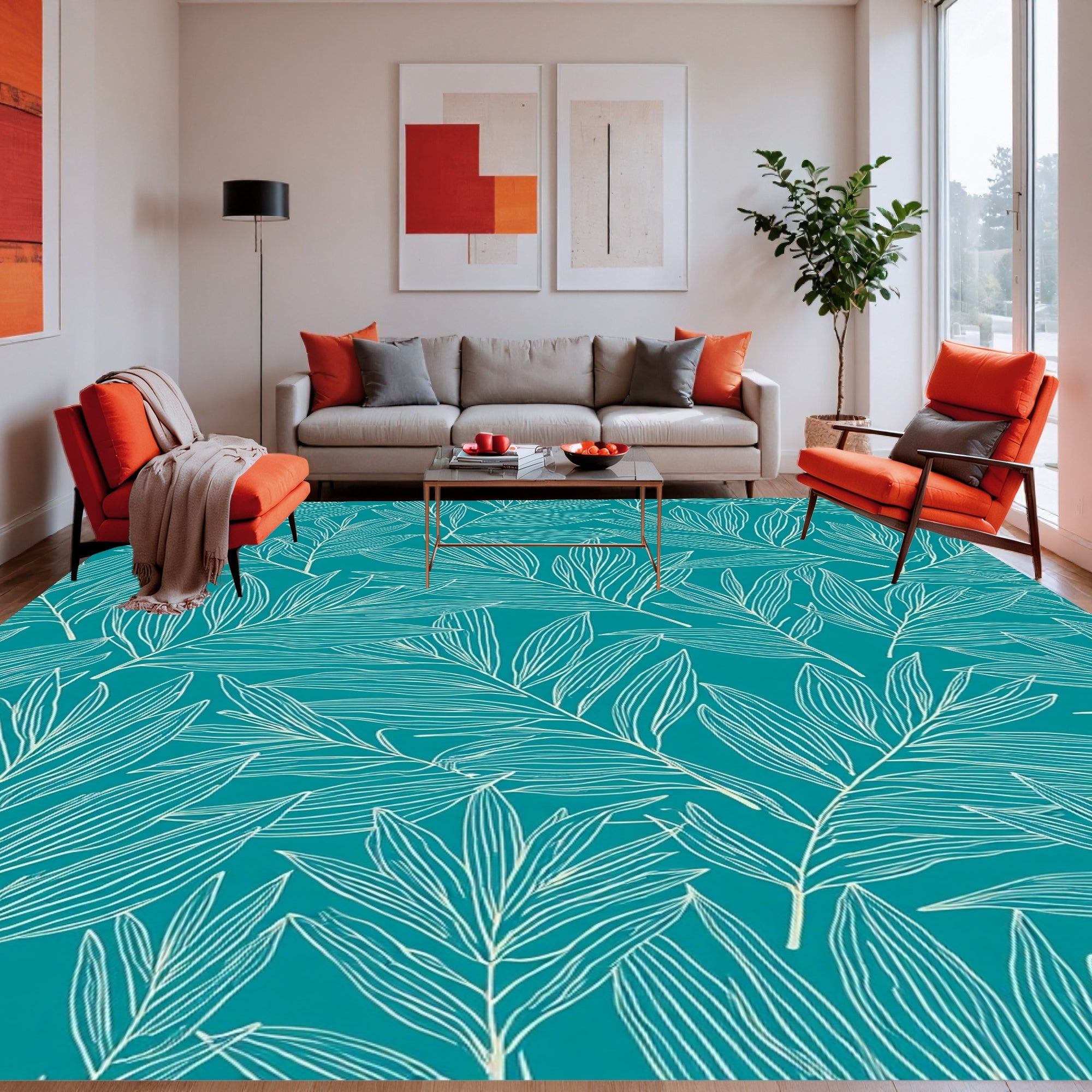 Teal Leaf Pattern Design Rug