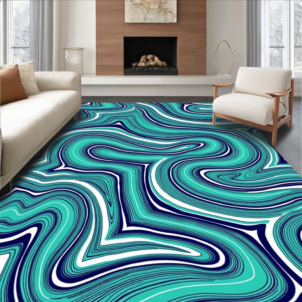 Aqua Wave Patterned Abstract Rug