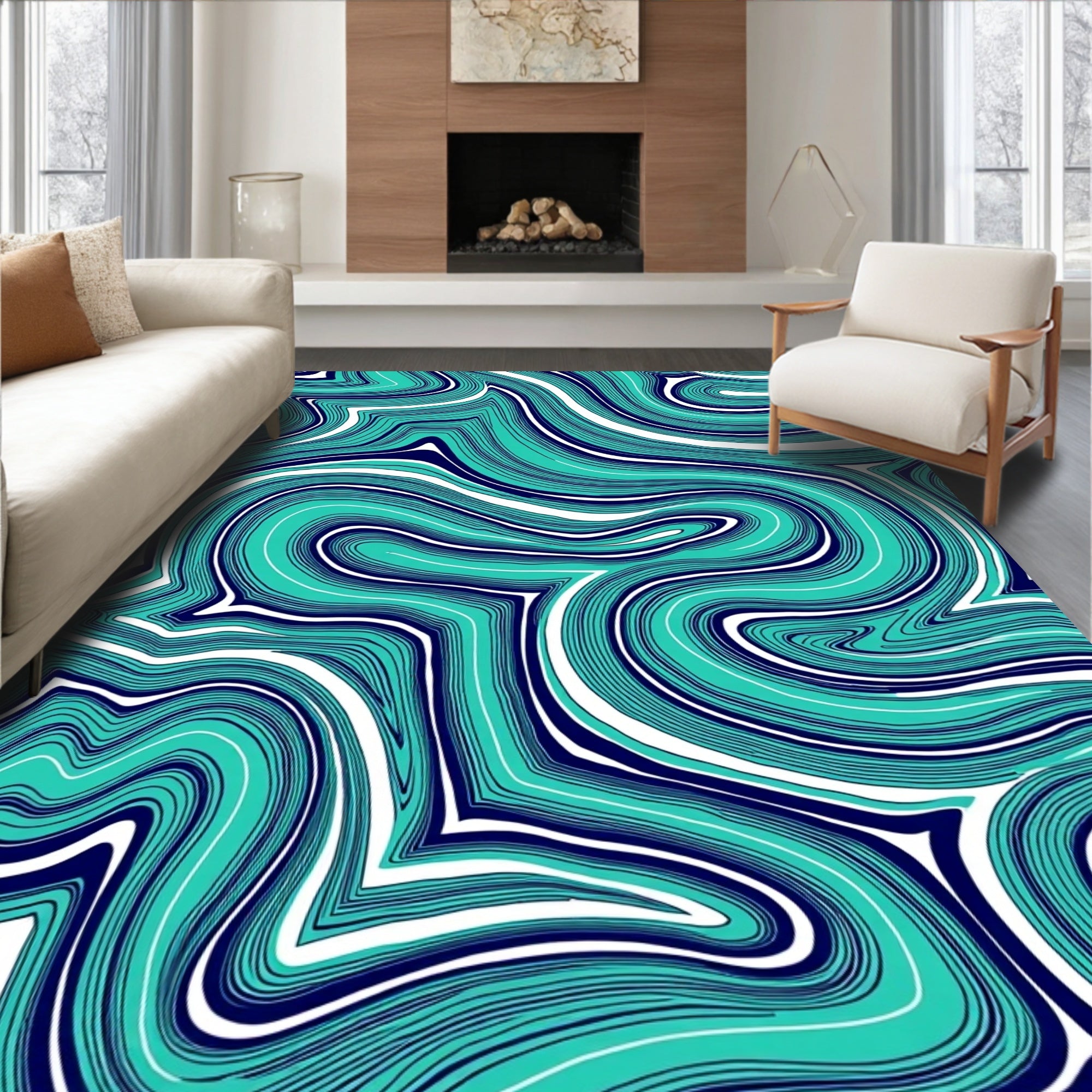 Aqua Wave Patterned Abstract Rug