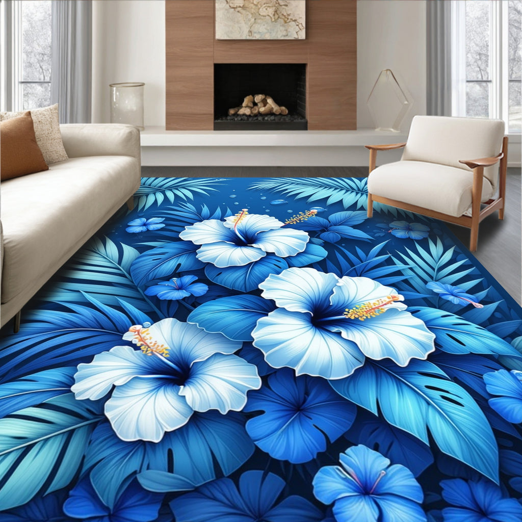 Blue Floral Tropical Jungle Design Rug