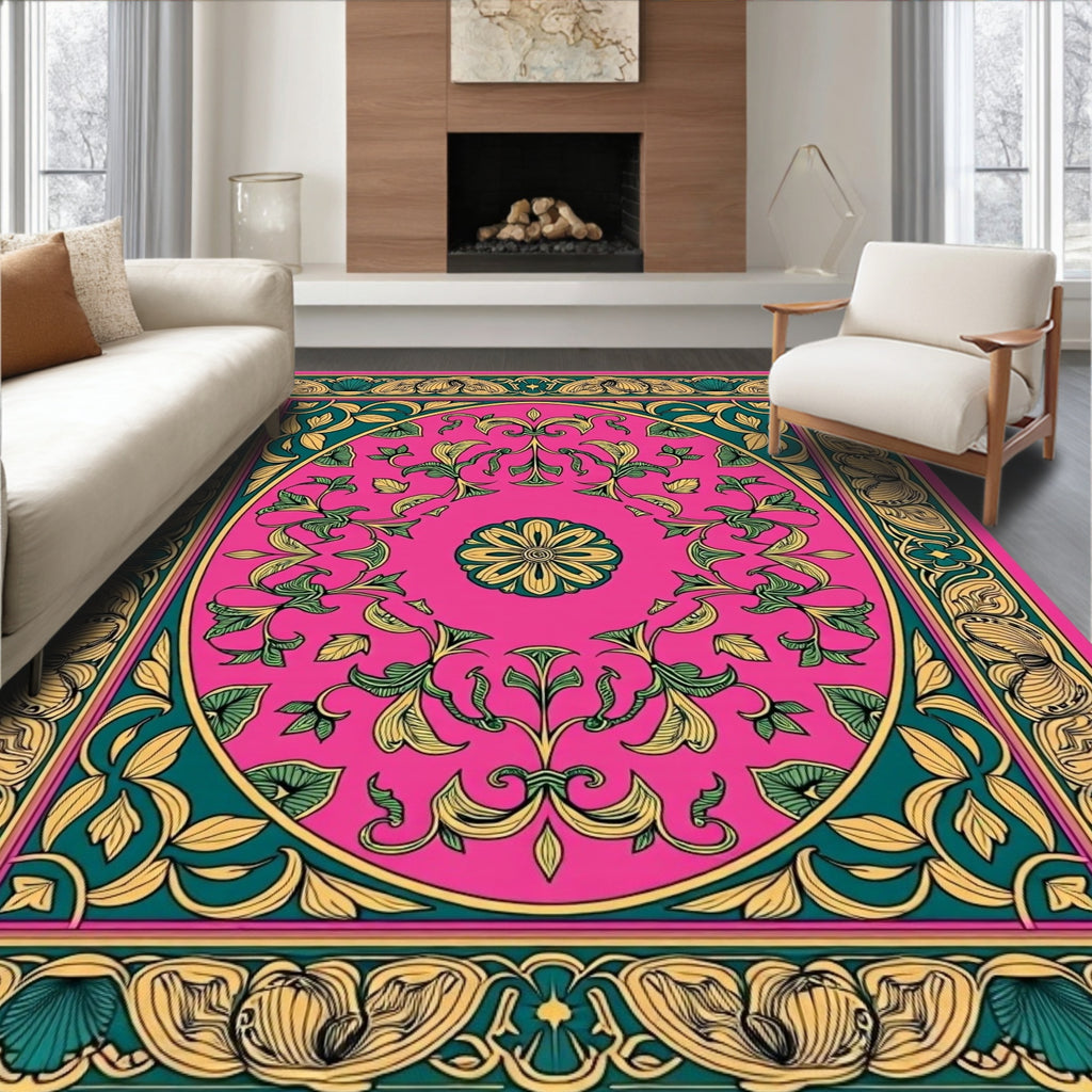 Vibrant Pink Floral Vine Border Rug