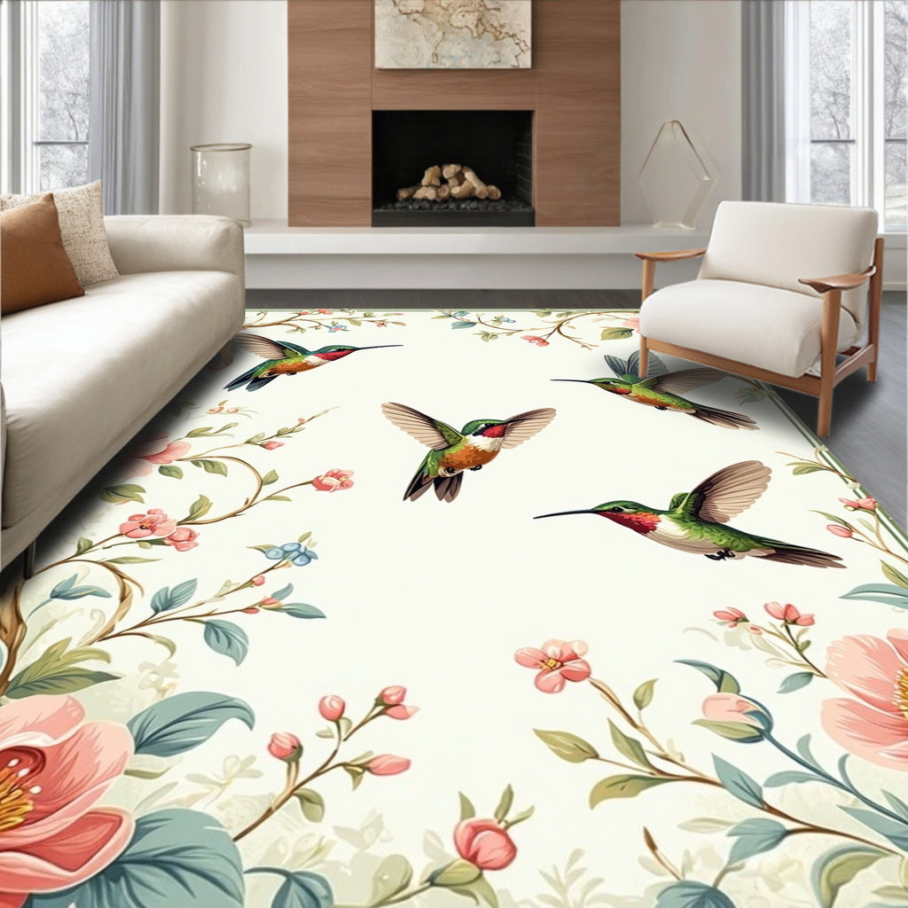 Lively Hummingbirds Floral Garden Design Rug