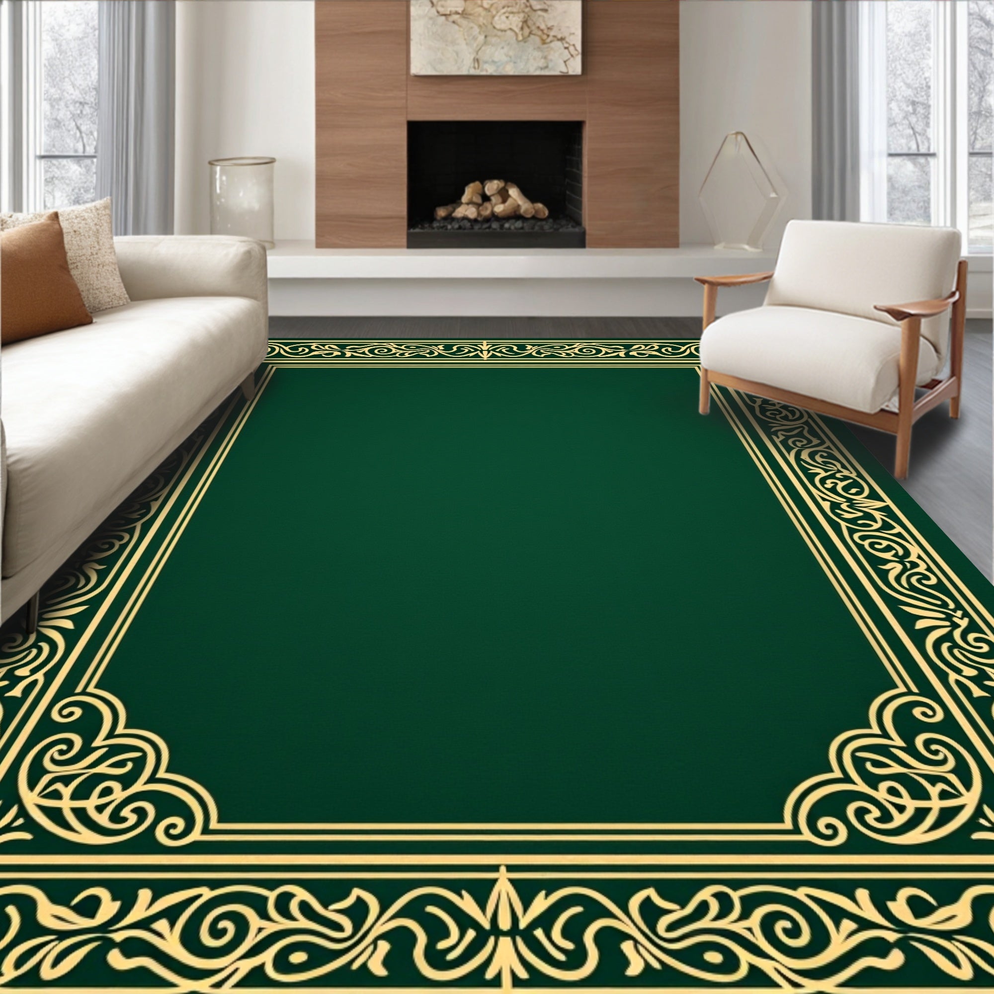 Elegant Ochre Floral Scroll Border Rug