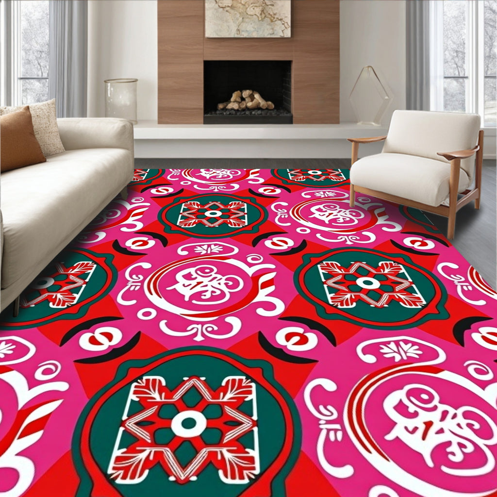 Pink Red Teal Medallion Swirl Rug