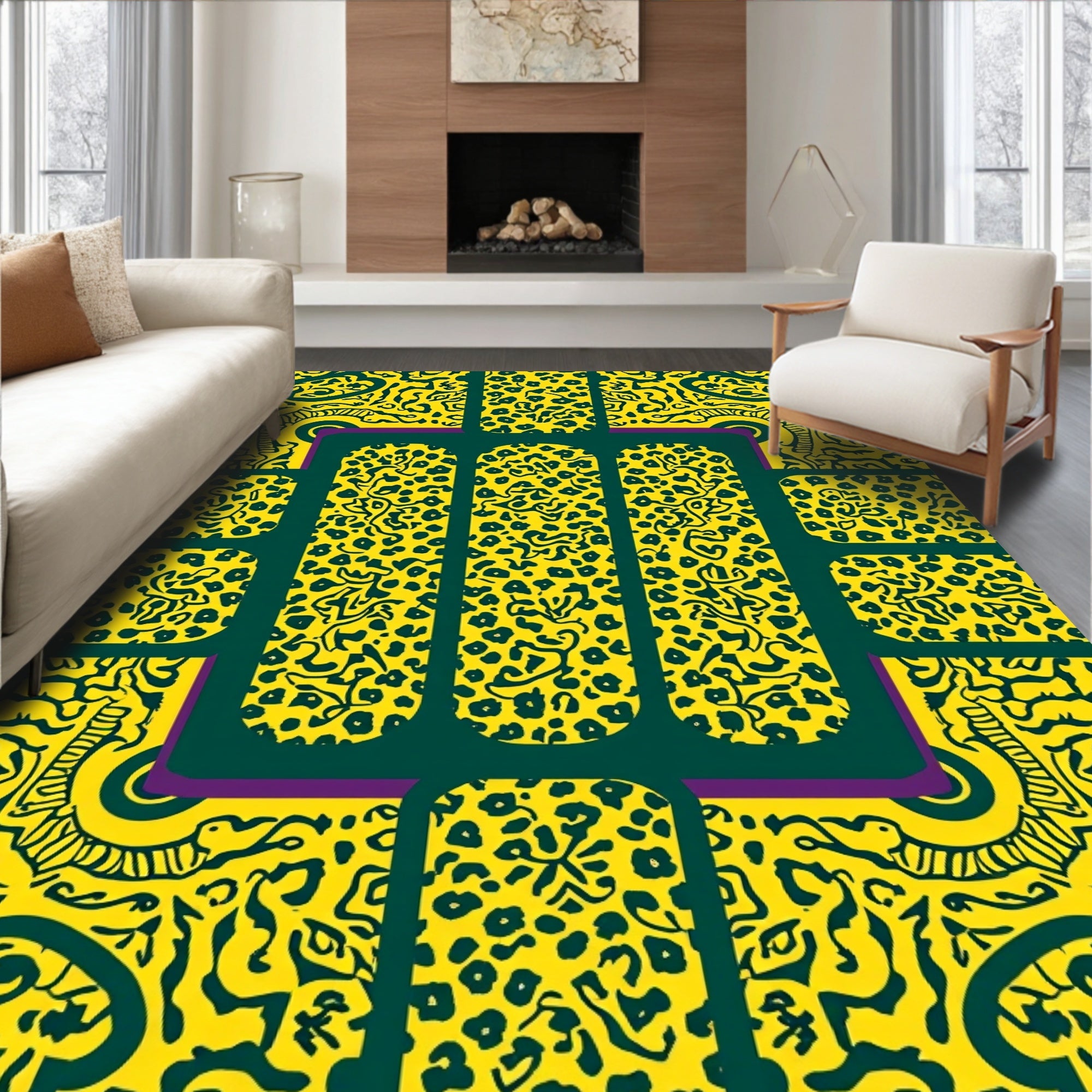 Yellow Green Abstract Animal Print Design Rug