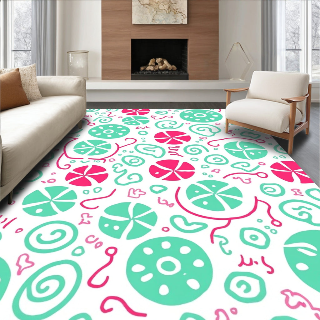 Playful Pink Teal Circular Pattern Rug