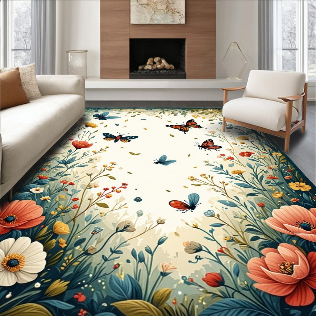 Whimsical Floral Butterfly Garden Design Rug