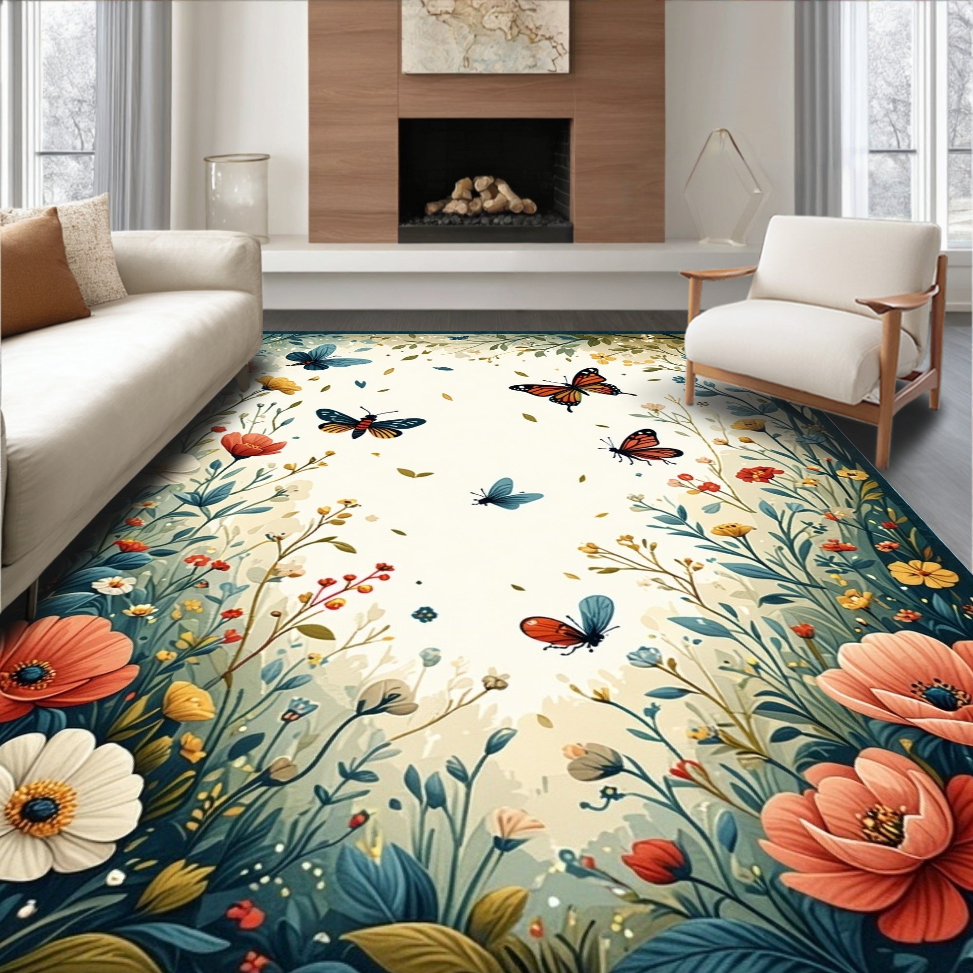 Whimsical Floral Butterfly Garden Design Rug