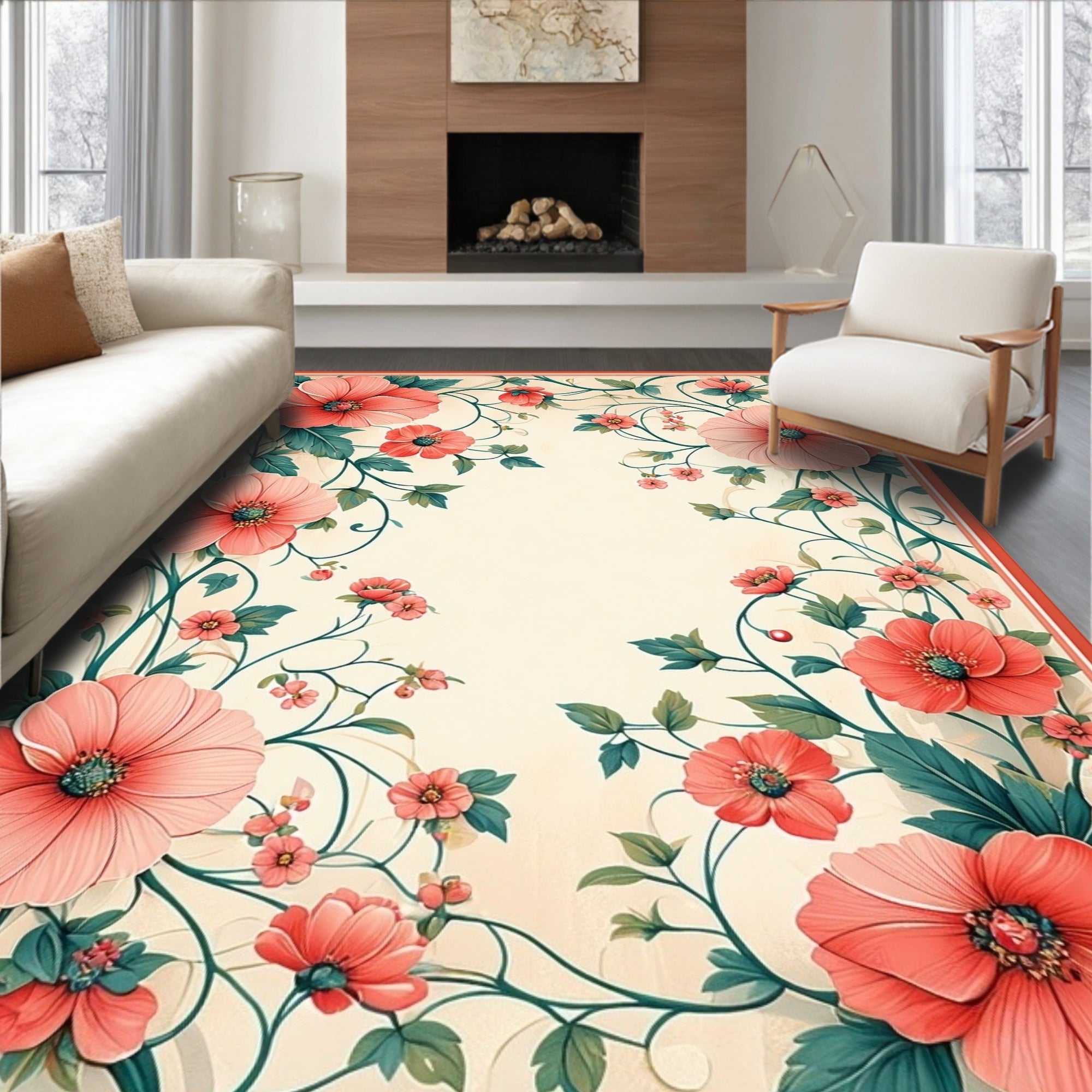 Coral Floral Vine Pattern Rug