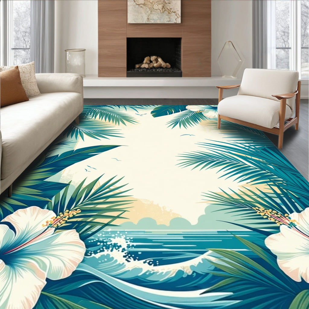 Tropical Hibiscus and Palm Leaf Design Rug