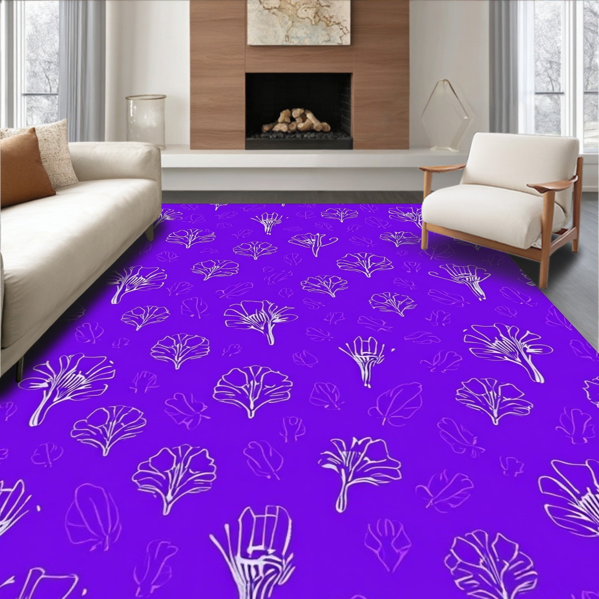 White Floral Sketch Pattern Rug