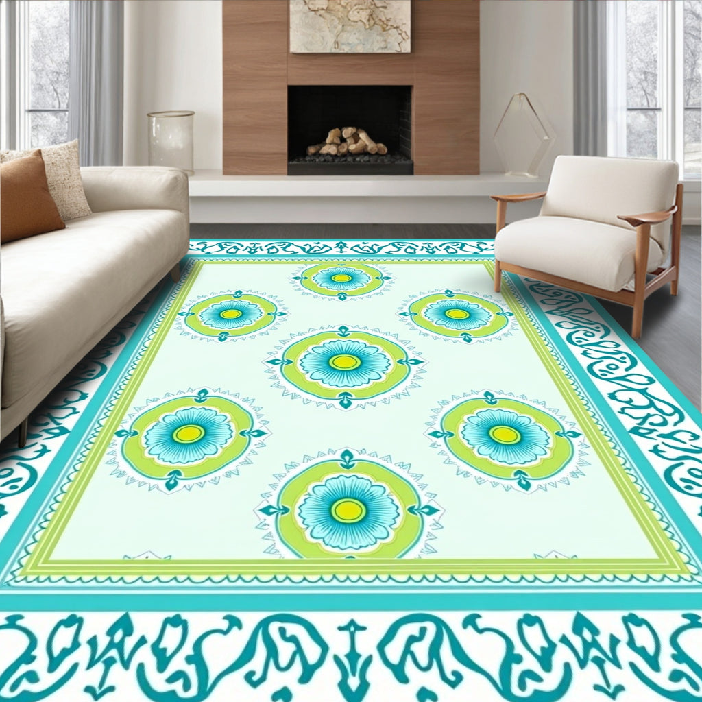 Aqua Teal Floral Medallion Border Rug