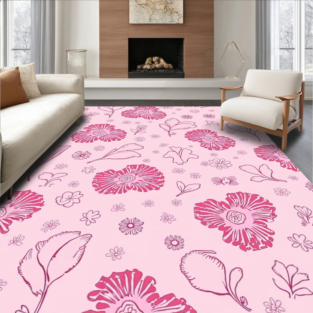 Pink Floral Sketch Pattern Rug