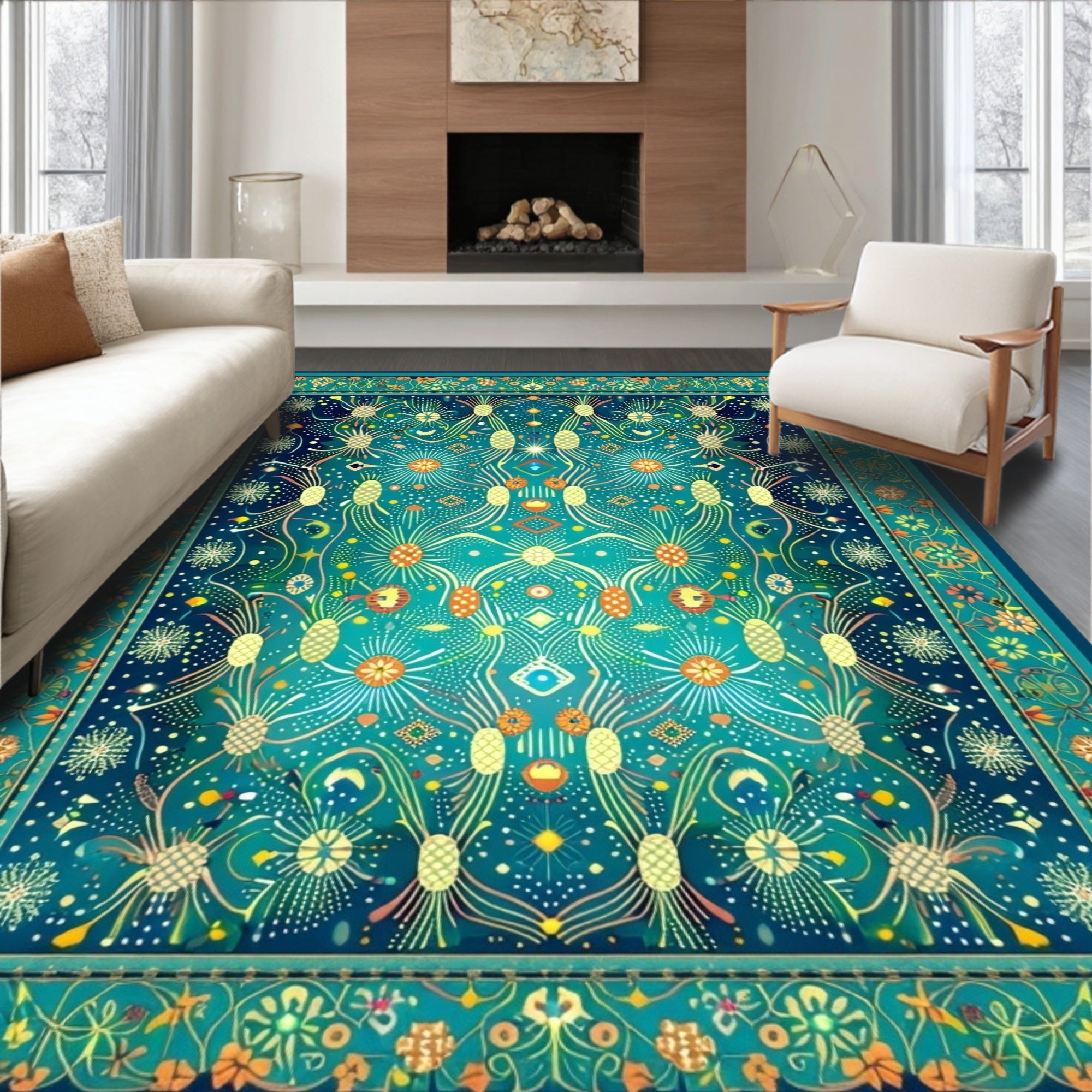 Whimsical Floral Starbursts Teal Rug