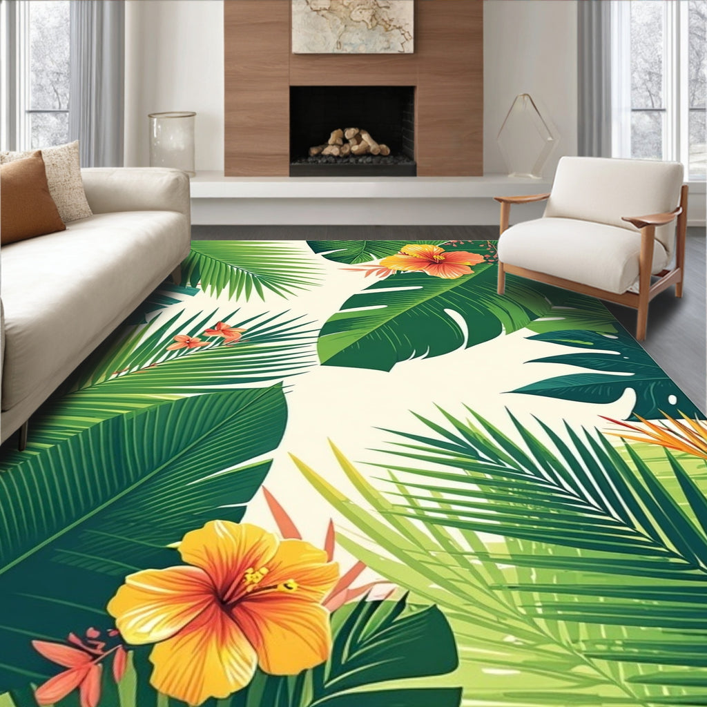 Tropical Paradise Leaf and Hibiscus Print Rug