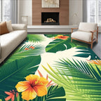 Tropical Paradise Leaf and Hibiscus Print Rug