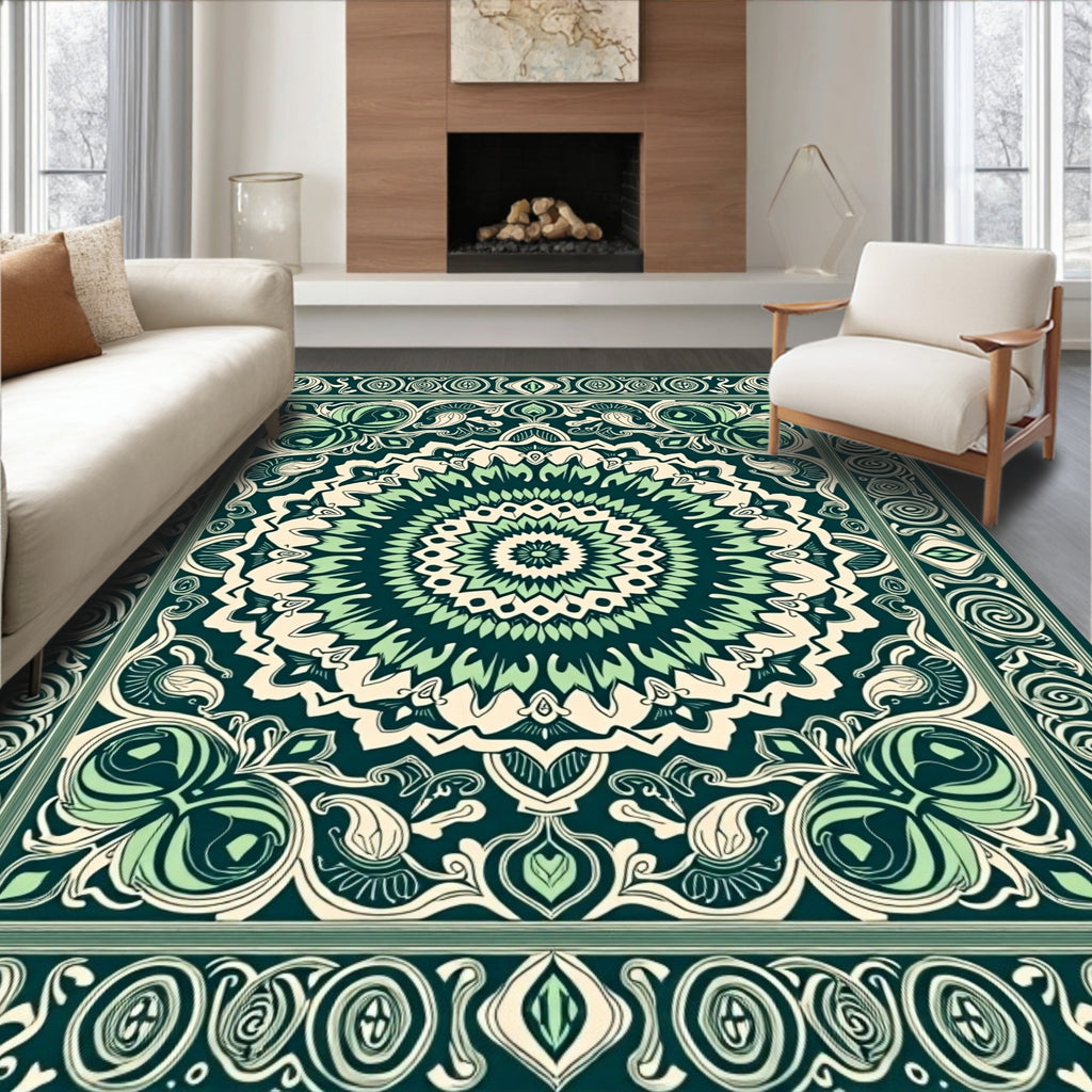 Deep Teal Medallion Floral Border Rug