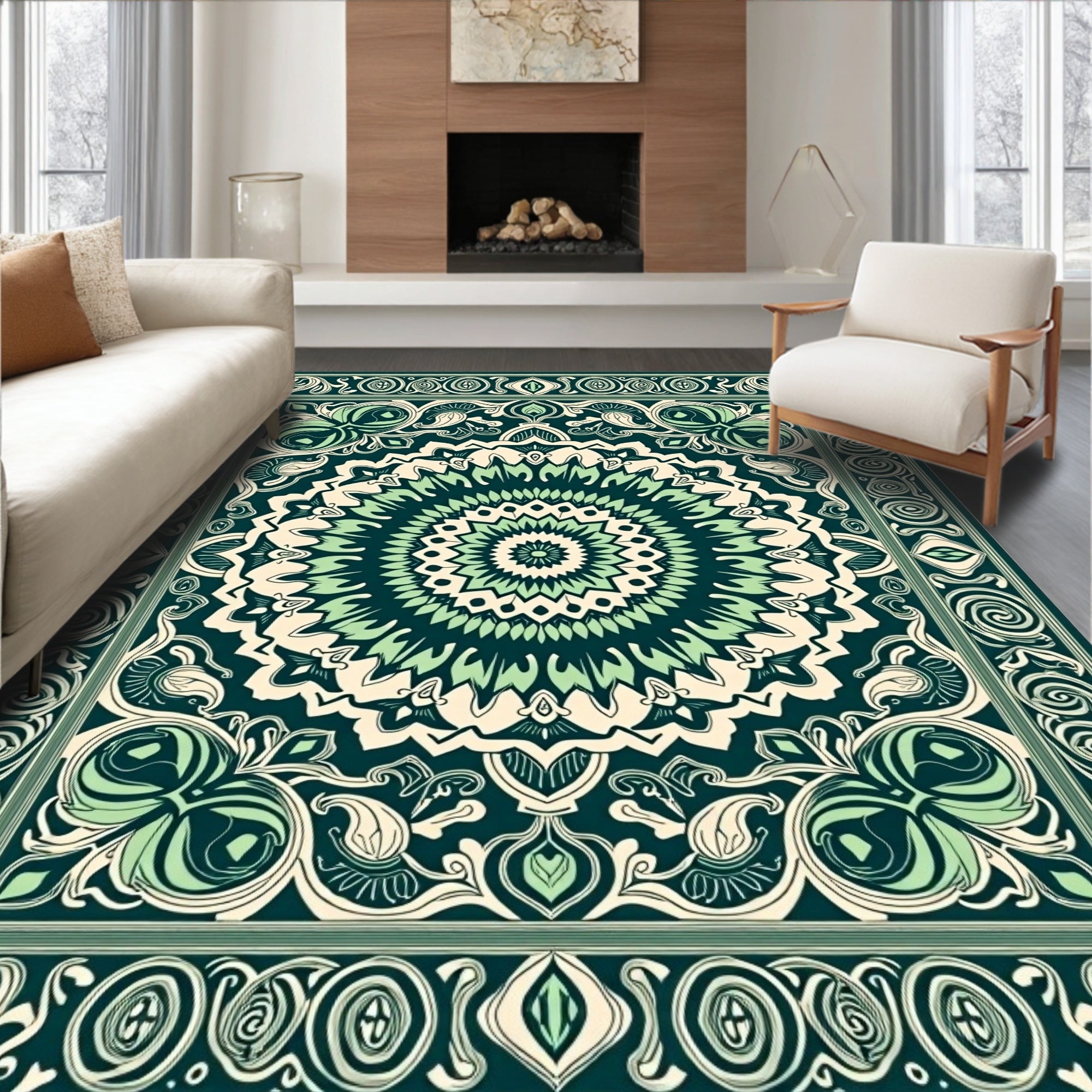 Deep Teal Medallion Floral Border Rug