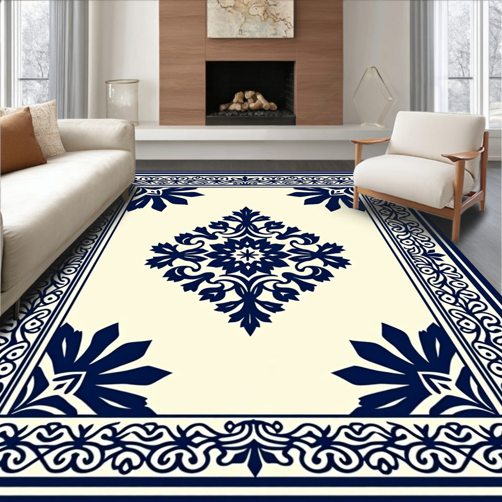 Navy Blue Floral Center Medallion Border Rug
