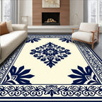 Navy Blue Floral Center Medallion Border Rug