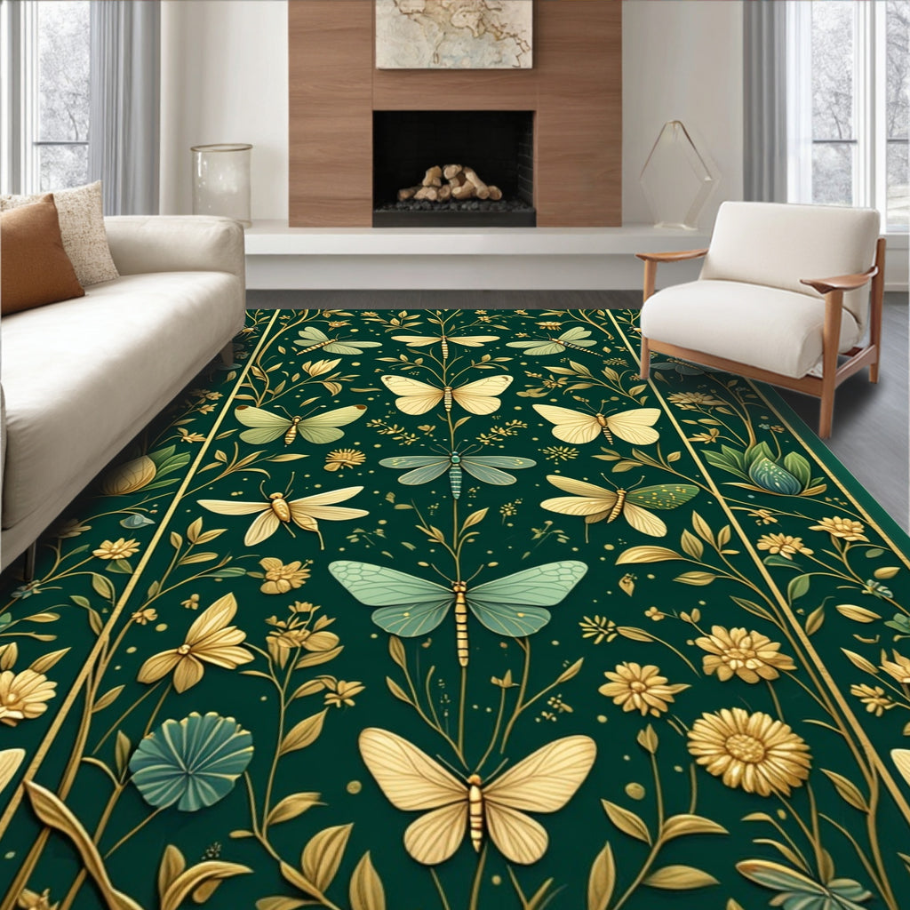 Emerald Garden Insect Floral Pattern Rug