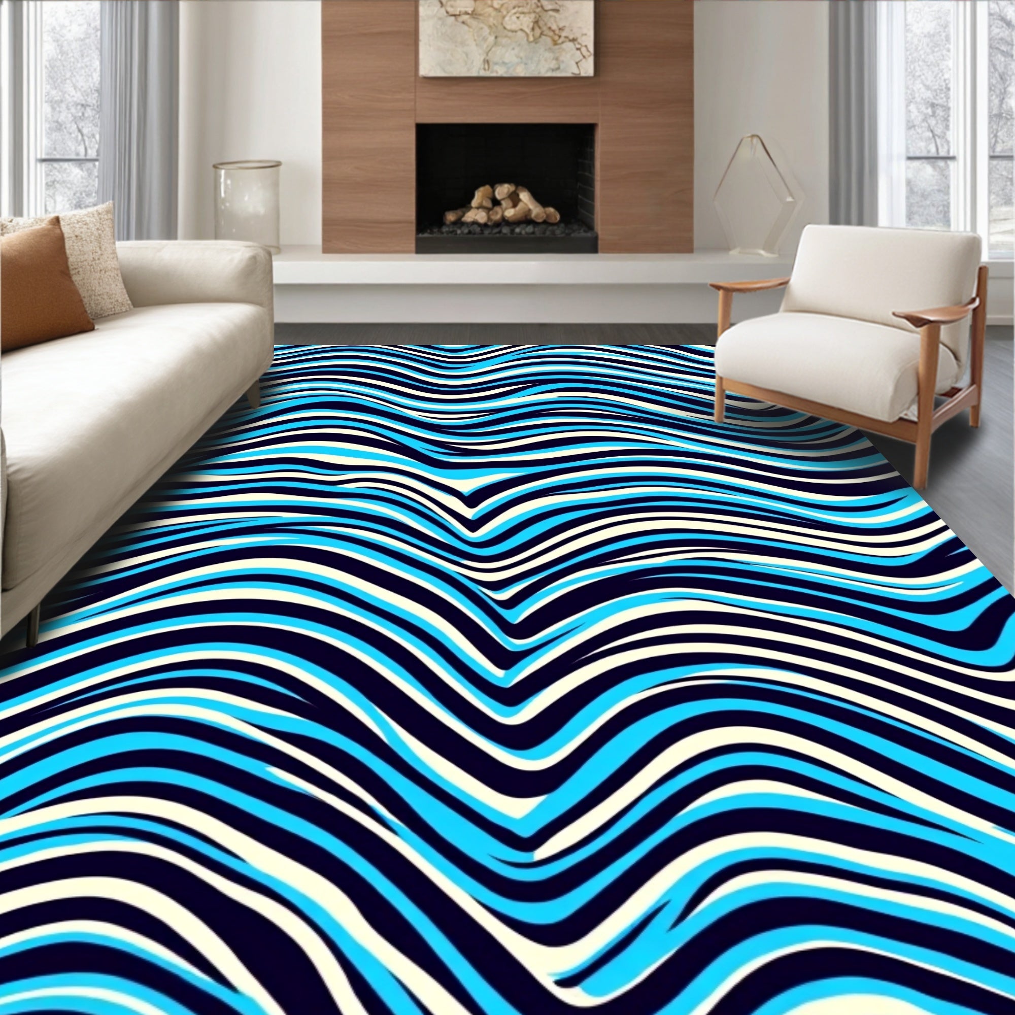 Bold Blue White Wavy Striped Design Rug