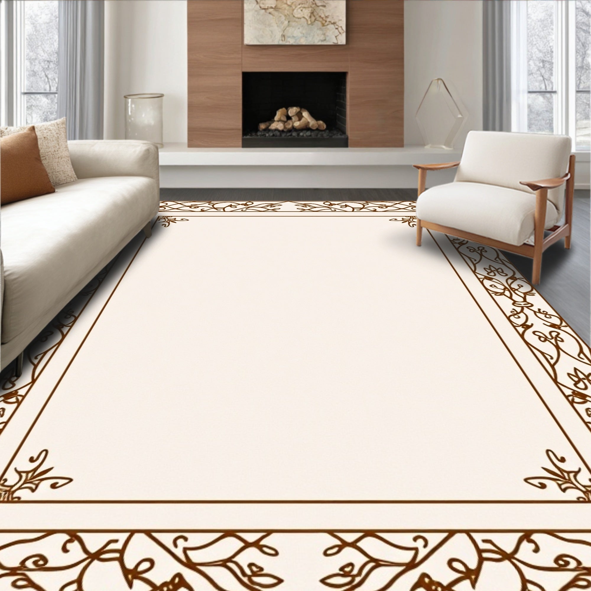 Ornate Floral Vine Border Design Rug