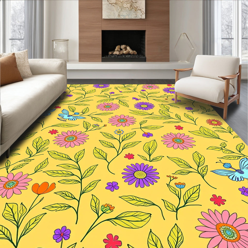 Whimsical Floral Butterfly Meadow Pattern Rug