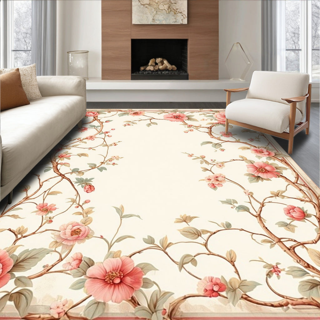 Elegant Pink Peony Floral Vine Design Rug