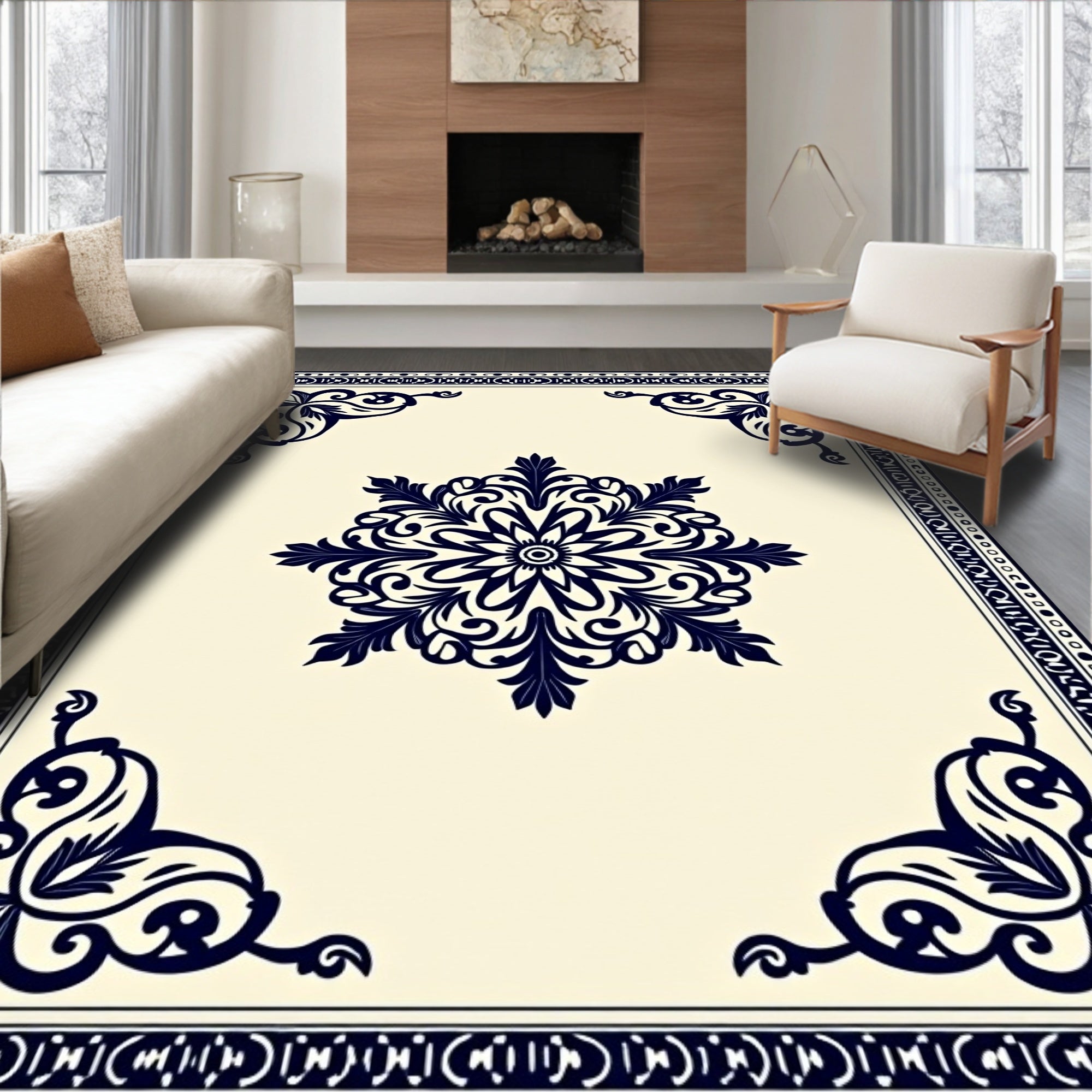 Deep Navy Floral Medallion Square Rug