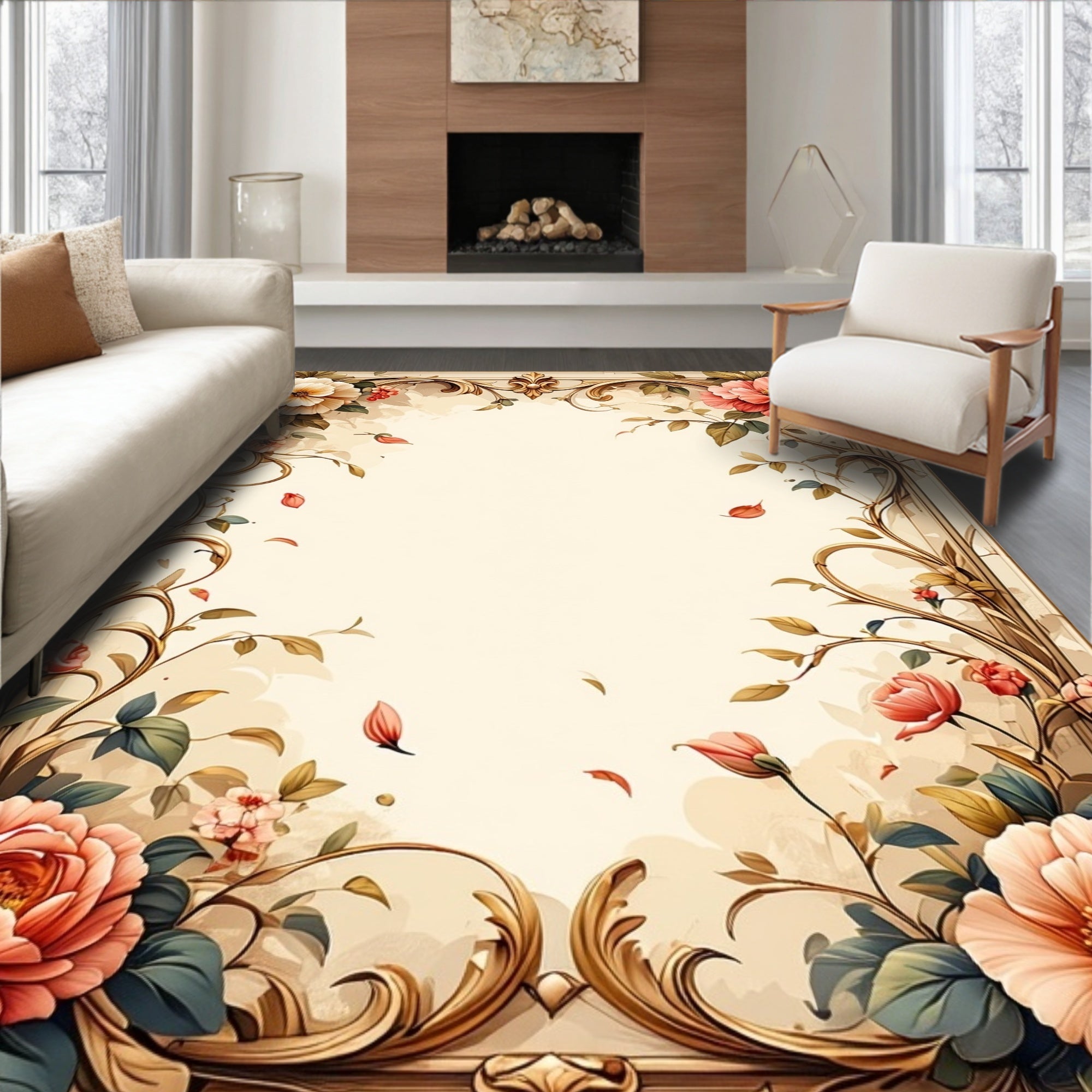 Vintage Floral Scrollwork Botanical Design Rug