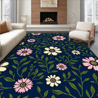 Floral Botanical Design On Navy Canvas Rug