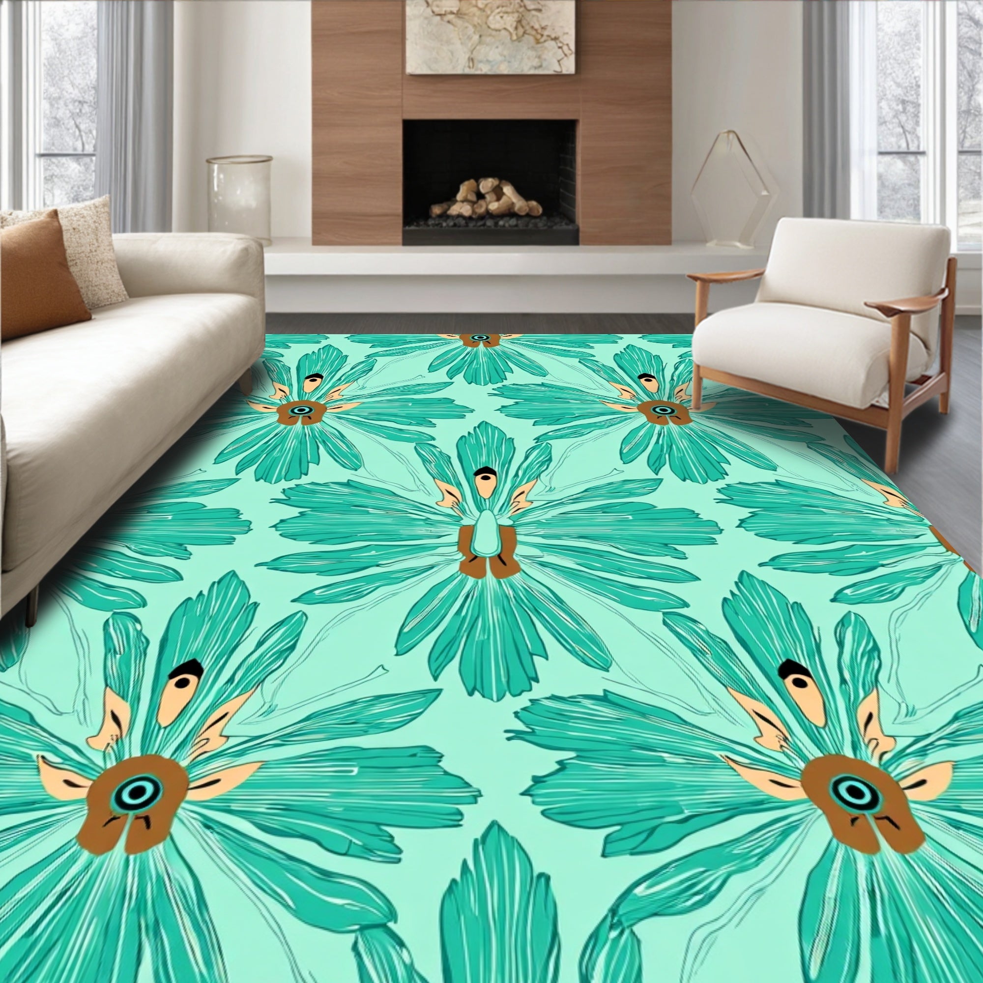 Abstract Teal Floral Design Rug
