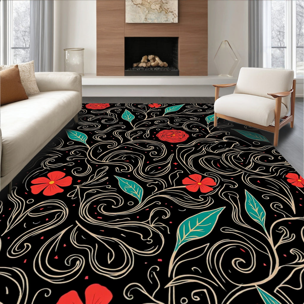 Red Floral Vine With Swirls Pattern Rug
