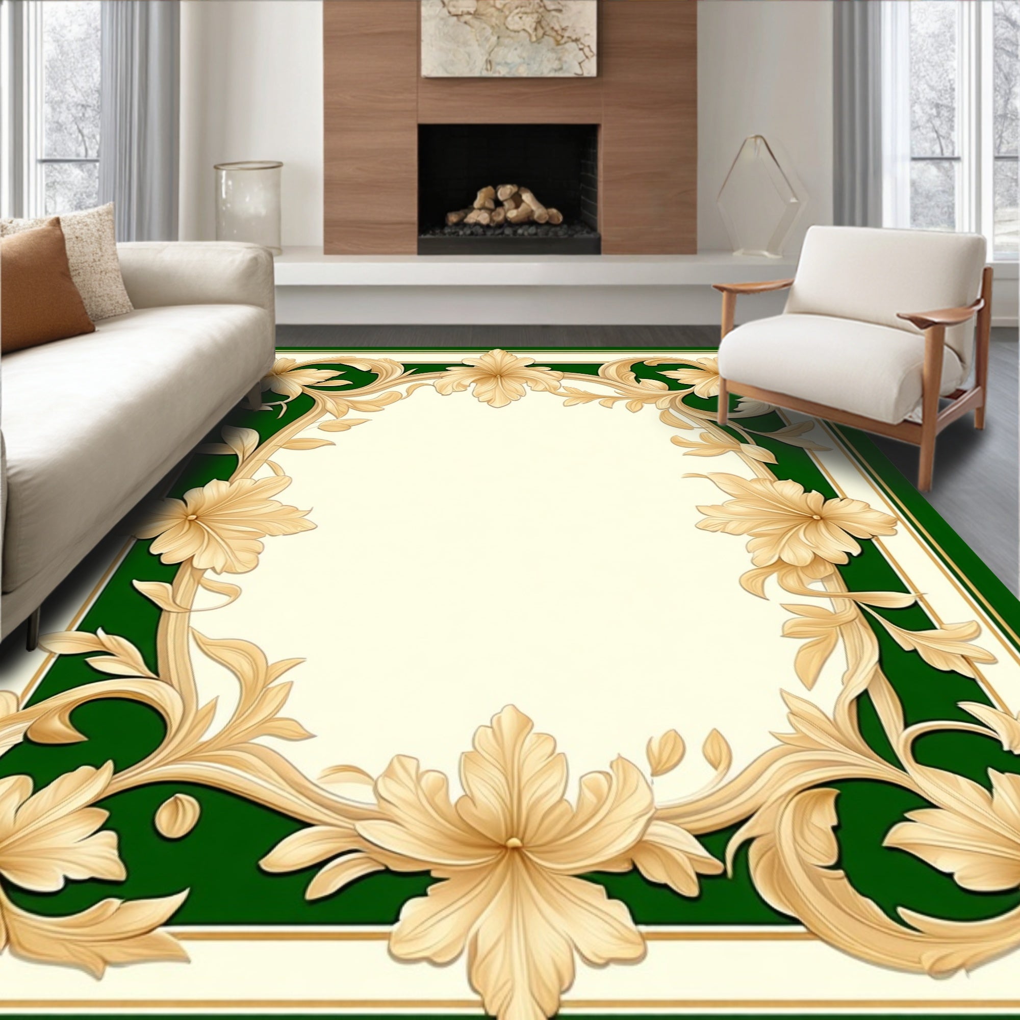 Elegant Gold Floral Scroll Design Rug