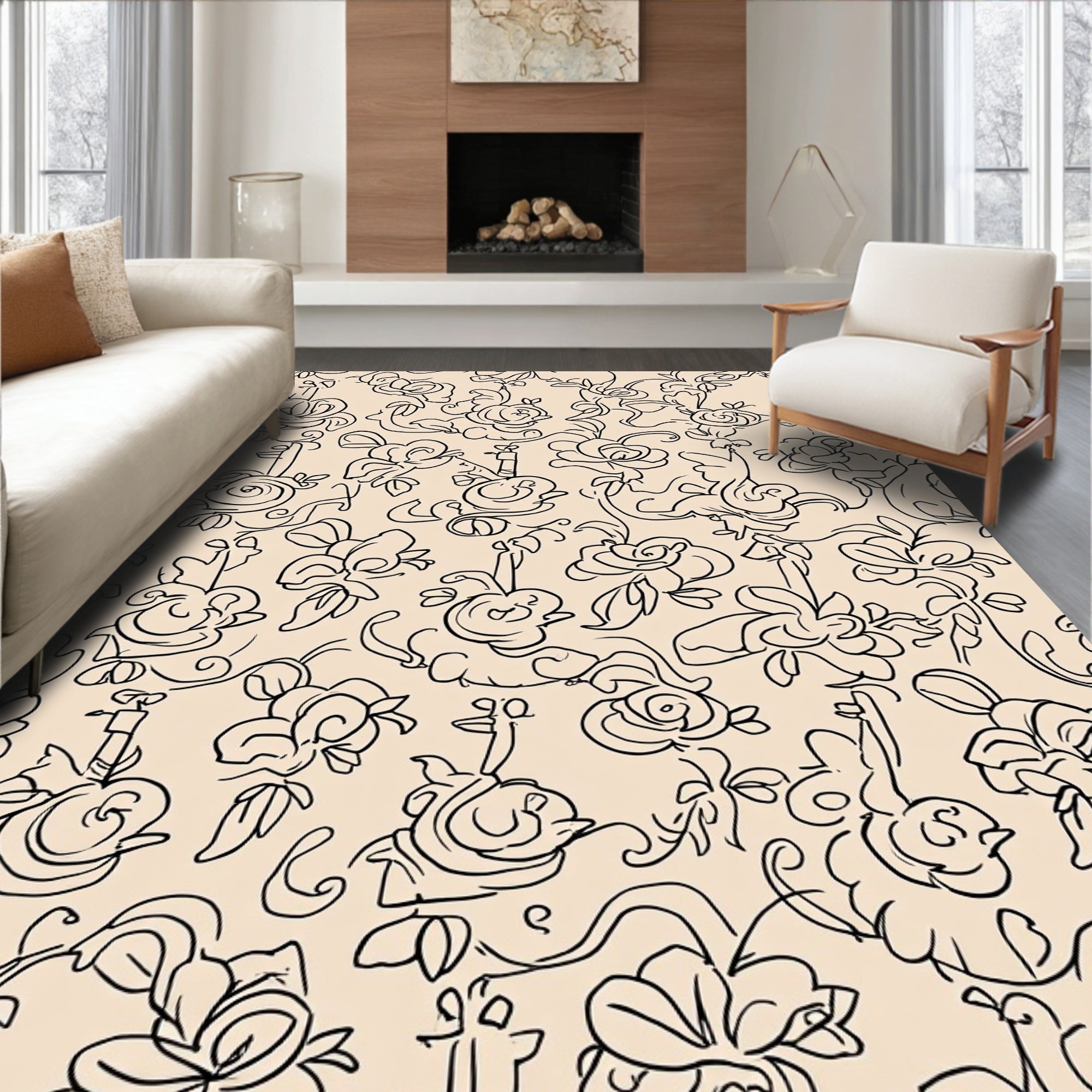 Whimsical Floral Outline Pattern Rug