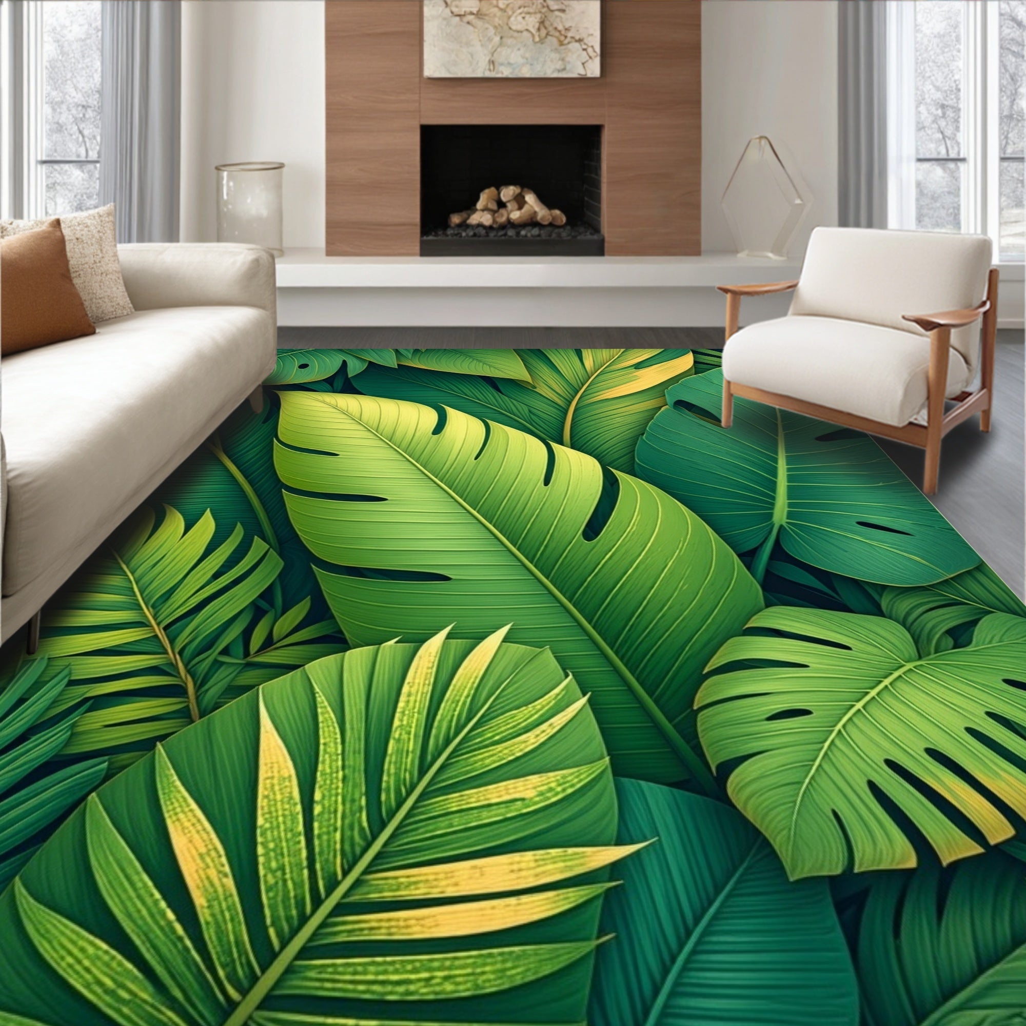 Lush Green Tropical Leaf Pattern Rug