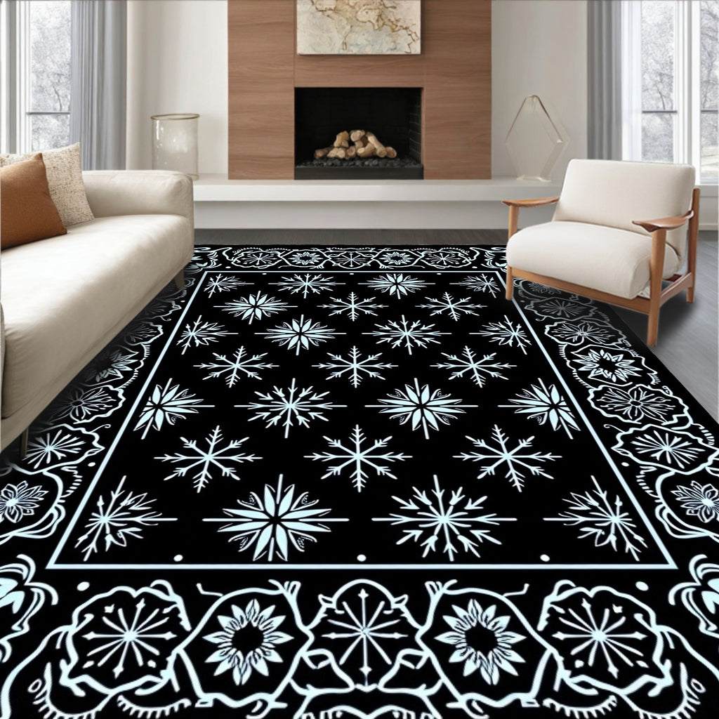 Black White Snowflake Floral Border Rug