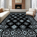 Black White Snowflake Floral Border Rug