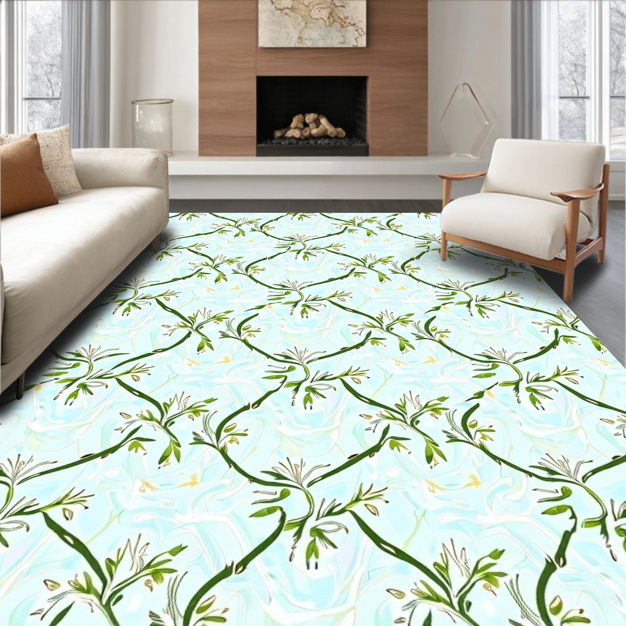 Light Blue Swirl Botanical Vine Rug