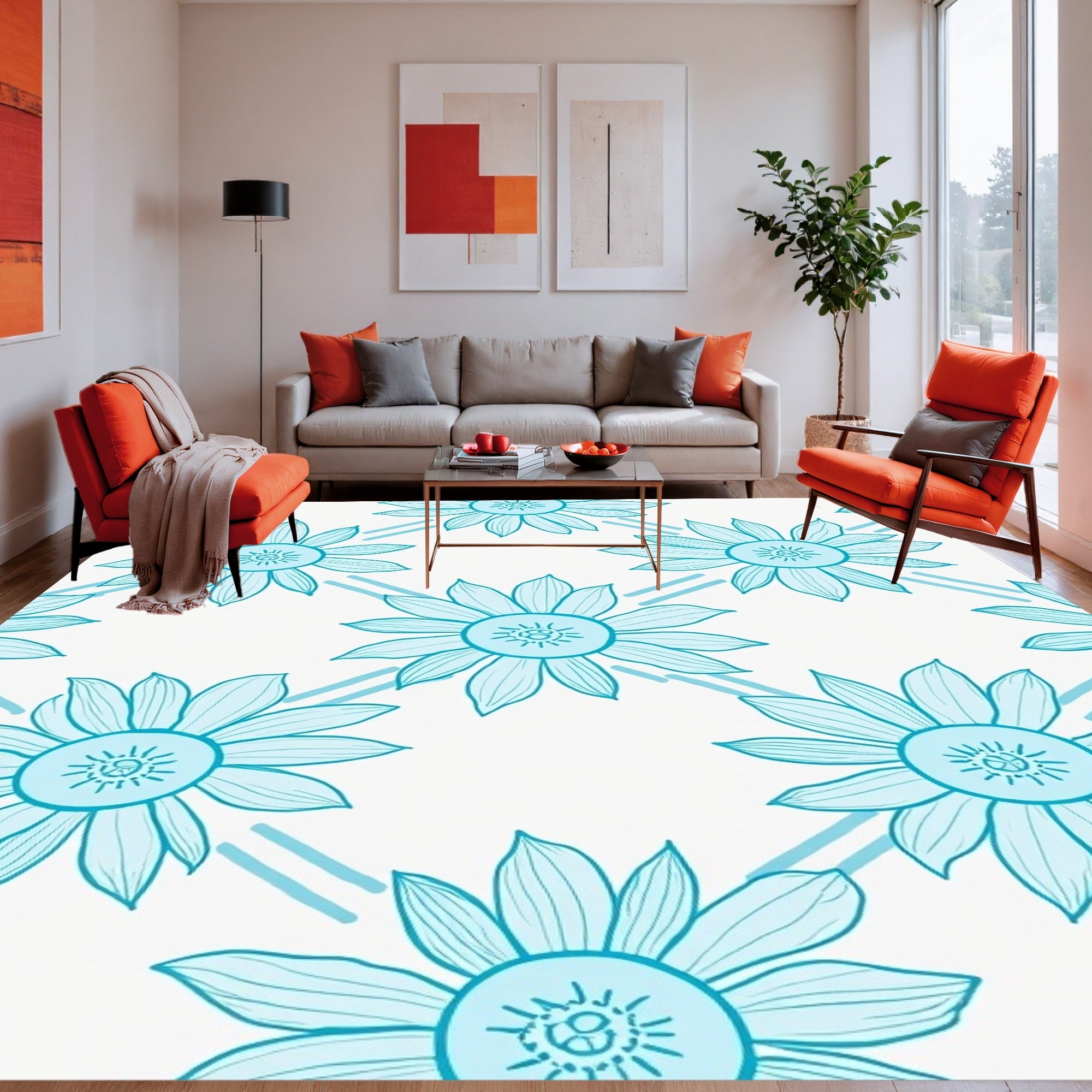 Blue Daisy Floral Tiling Rug