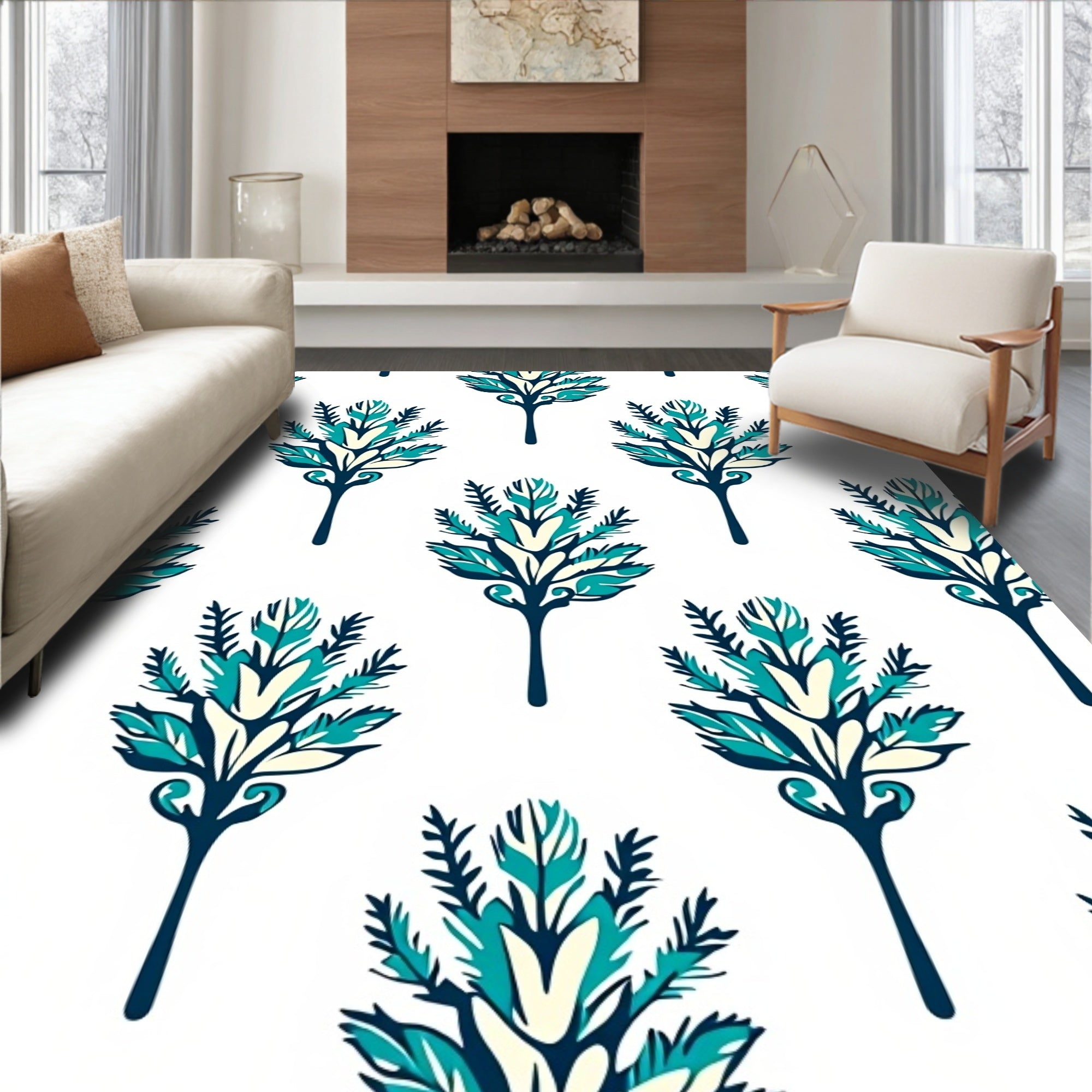Teal Cream Navy Floral Fountain Rug