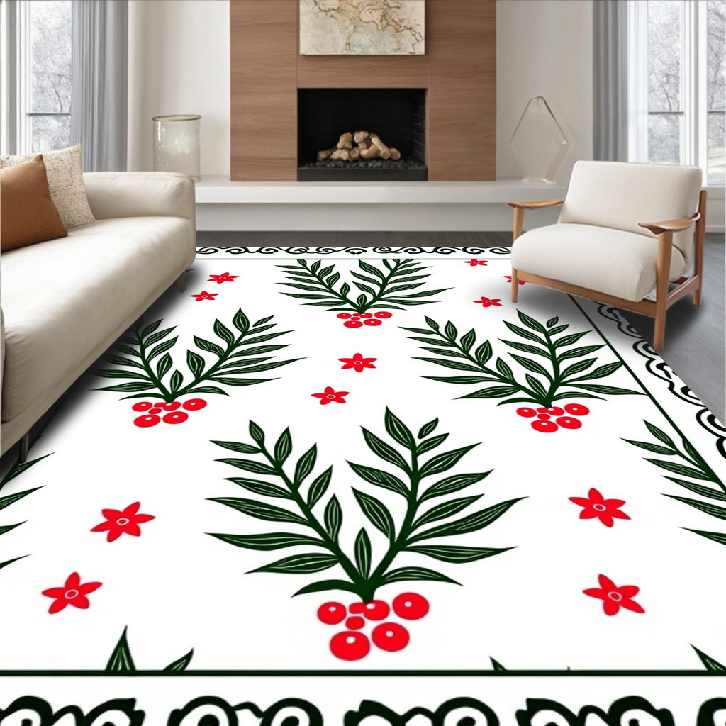 Classic Green Red Branch Floral Rug
